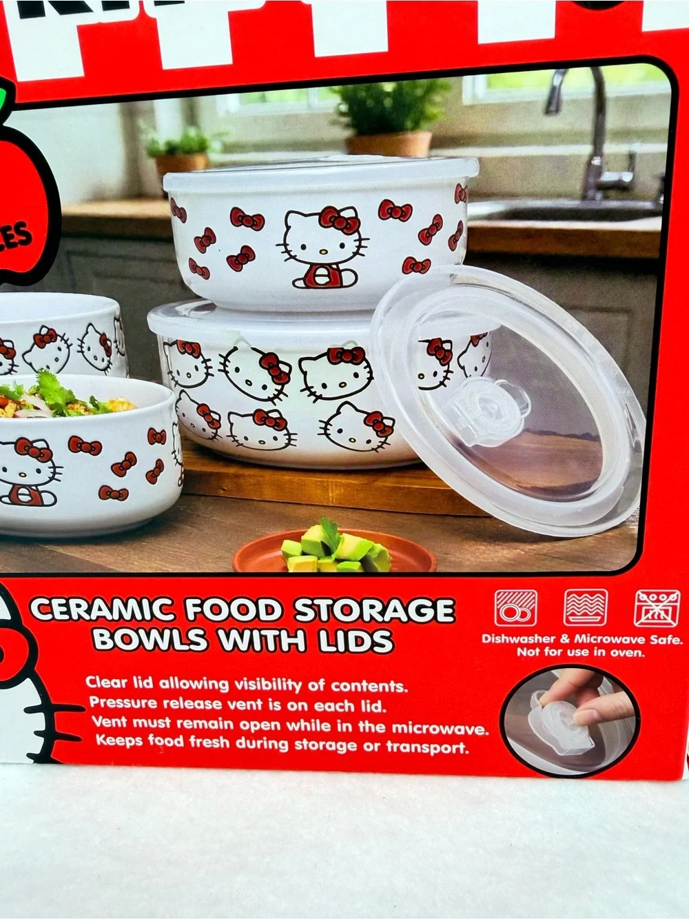 Hello Kitty White Ceramic Bowls with Red Bow Accents & Lids - 8 Piece Set